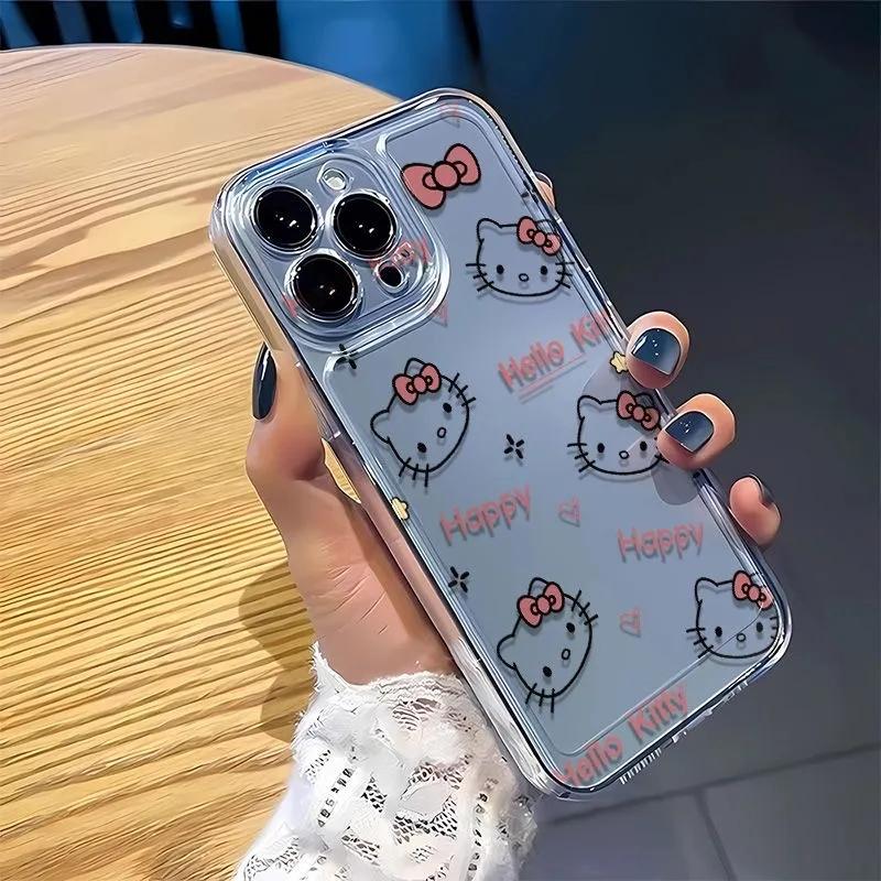 Full Screen Hello Kitty KT Head Bow Phone Case For iPhone 16 15 14 13 Pro Max 11 12 13 Pro X XR 7 8 Plus Cute Girl Y2K Cover
