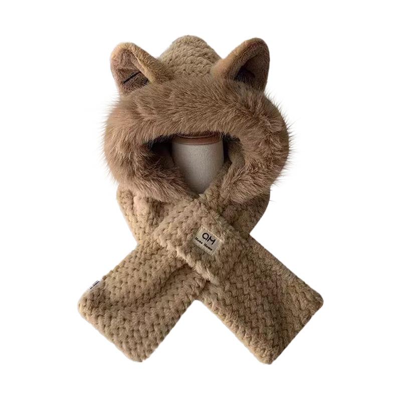 Winter Small Fox Ears Plush Hat Ladies Scarf One-piece Warm Padded Thickened Scarf