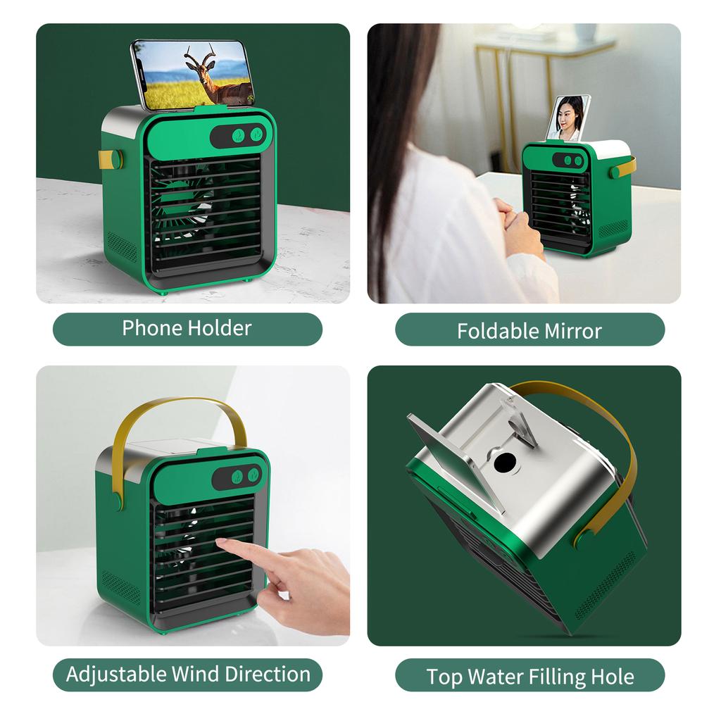 Air Conditioner Fan With Phone Holder Mirror Cooling Air Cooler Humidifier 180mL Space Cooler 3 Speeds USB Air Cooler