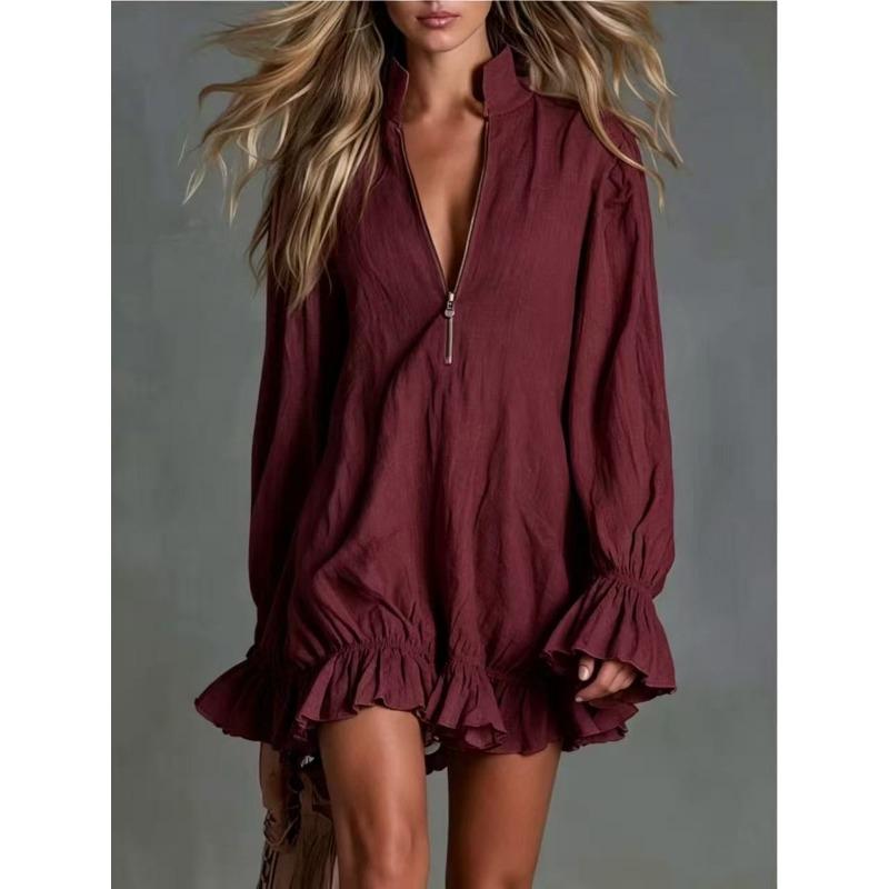 Women S Long Sleeve Bohemian Mini Dress With Ruffle Hem