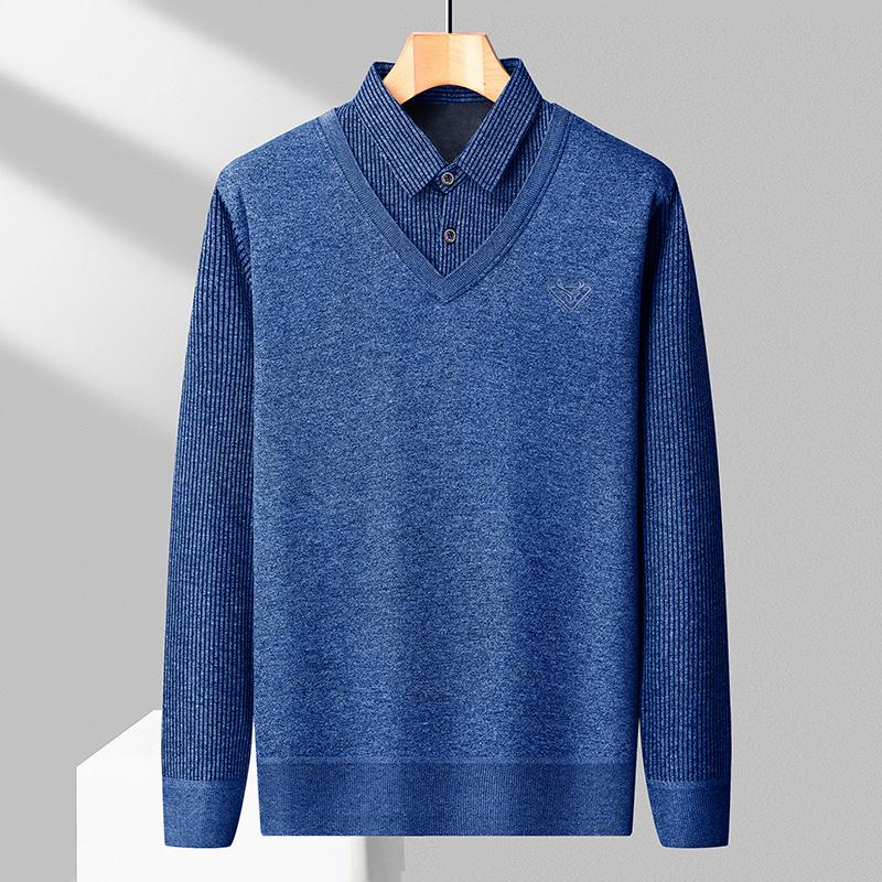 Male Fleece Polo Shirt Men's Pullover Autumn Winter T-shirt Collar Sweaters Cold Blouse Navy Blue Khaki Korean Clothing