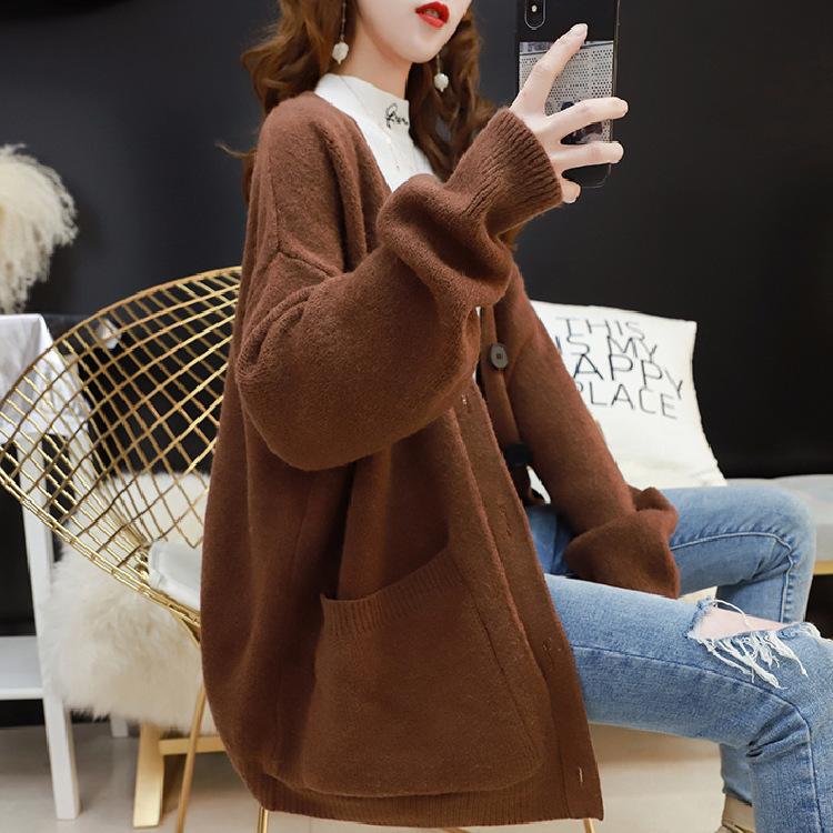 College Lazy Loose Candy Color V-Neck Knitted Cardigan Spring and Autumn Pocket Sweater Jacket Women