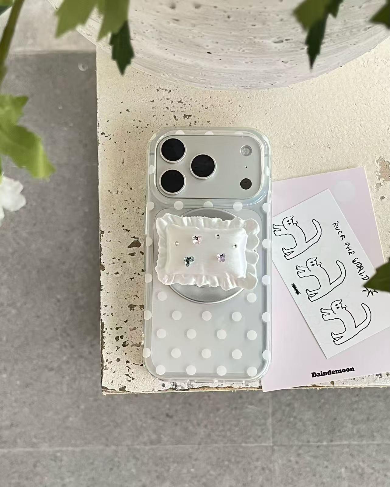 

Summer Fresh Polka Dot Transparent iPhone Case with Pillow Stand for iPhone 15 Pro Max & 17 Pro iPhone 15