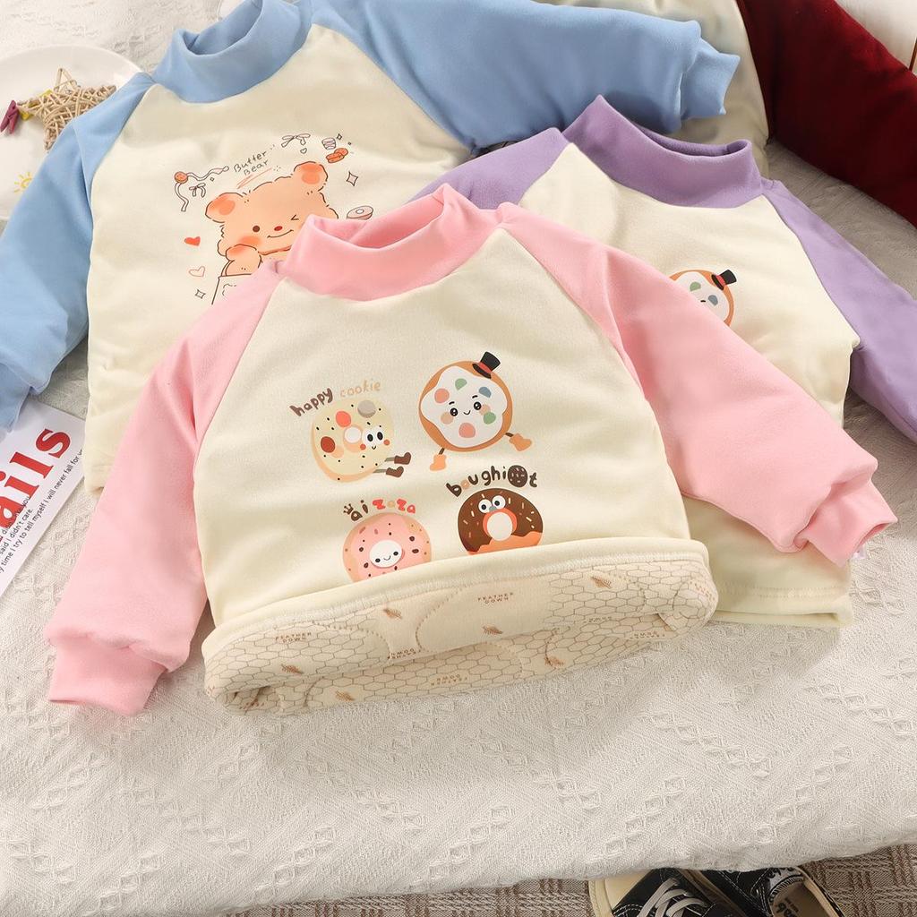 Children's Warm Cotton Cartoon Base Layer Top - Temperature-Sensitive, Half-High Collar Shirt for Baby Girls, Ideal for Autumn/Winter.