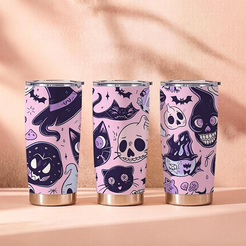 Car Tumbler 591ml Black Cat Ghost Skull Element Straw Cup Insulated Travel Cup Metal Drink Mug Stainless Steel Tumbler Coffee Tumbler
