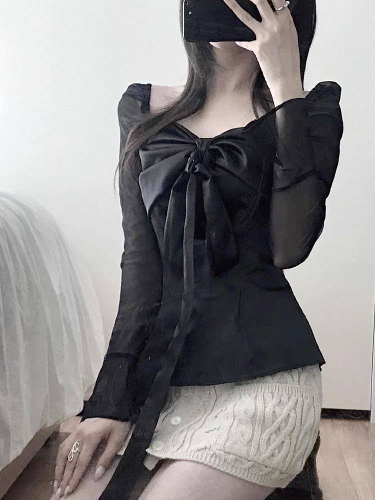 Spring 2026 Women's Slim French Bow Satin Bandeau Chiffon Shirt