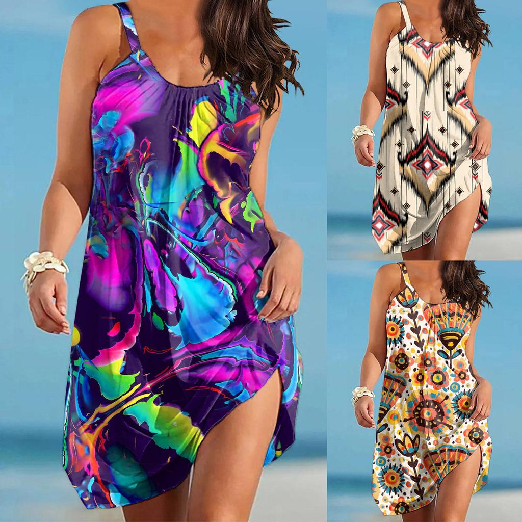 O Neck Sleeveless Sundress Lace Up Bohemian Cover Up Plus Size Hollow Out Print Dress Para Mujer Summer Dresses Woman 2025