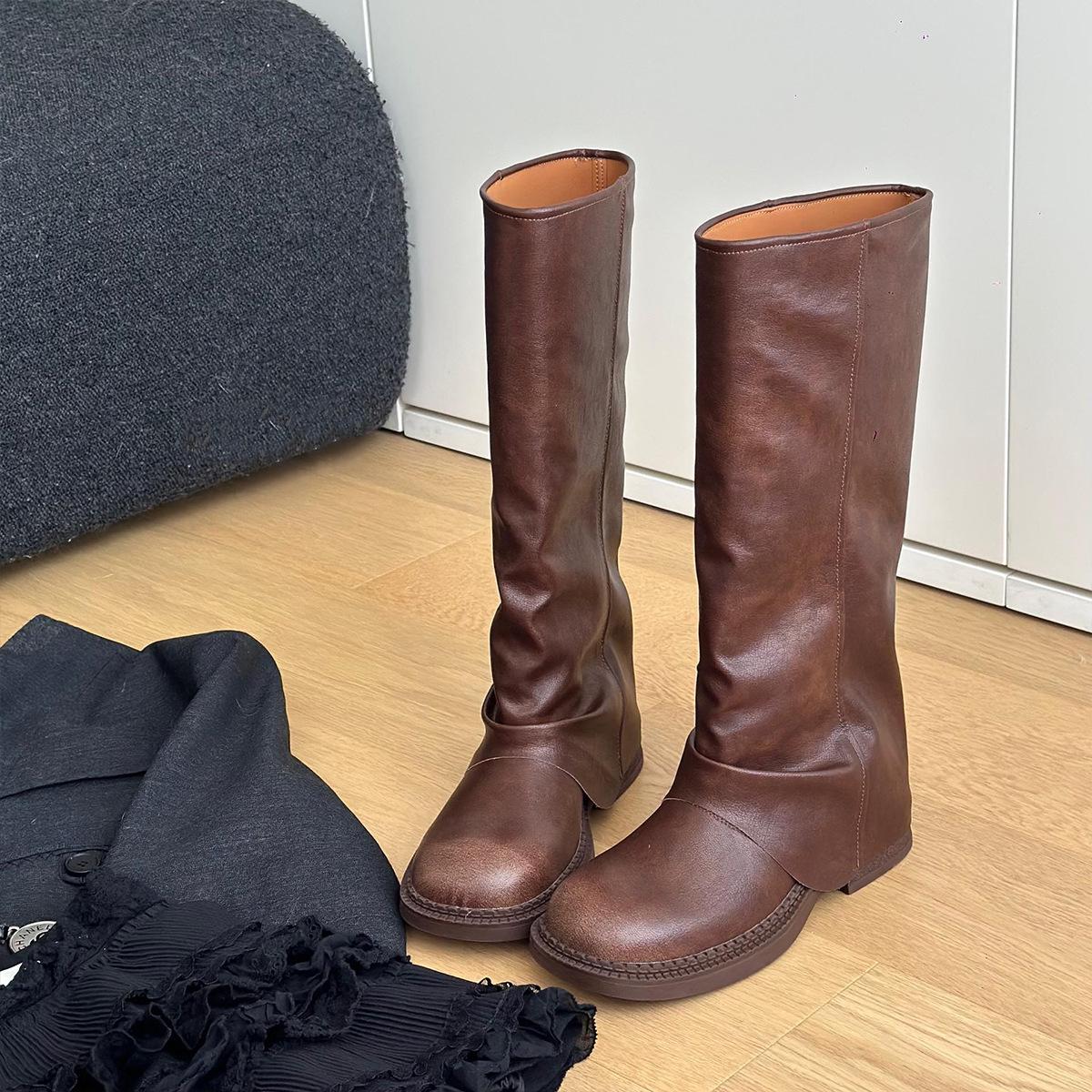 

Издание из коровьей кожи~ Женские ботфорты на толстом каблуке, ботинки-трубы в британском ретро-стиле, ботинки рыцаря, ботинки для худых ног в стиле Spice Girls с жареной улицы 40