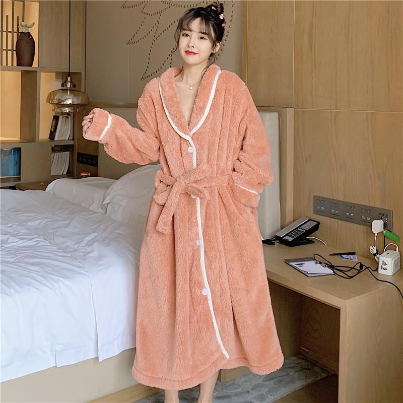 Winter Women's Pajamas Thickened Warm Solid Color Bathrobe with Straps Cardigan Plush Pajamas for Women