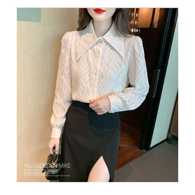 Polo Neck Black Chiffon Shirt Women's Design Niche Retro French Long-sleeved Top