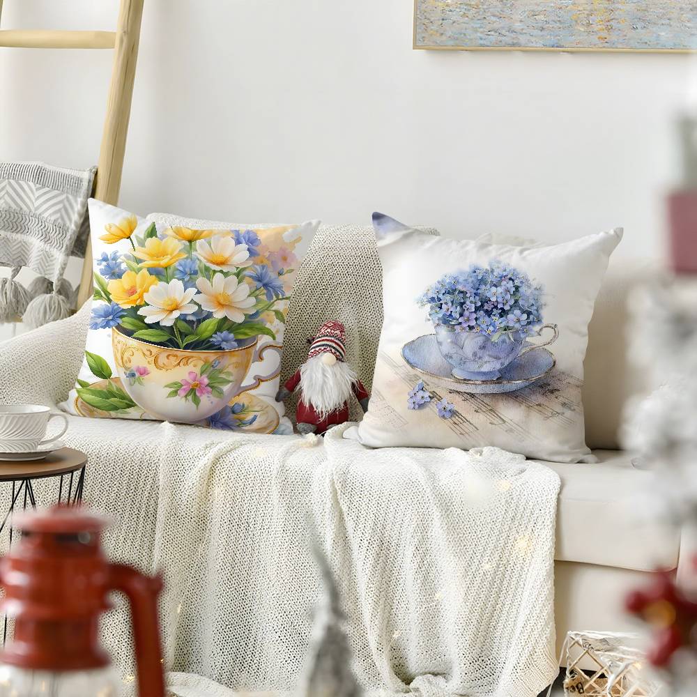 Painting Cup Of Flowers Pillow Case Soft Plush Fabric Double Sided Print Decorative Home Living Room Gift Cushion Cover