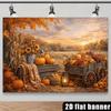 2D flat colorful autumn harvest background fabric, featuring orange pumpkins, hay stacks, and wooden carts