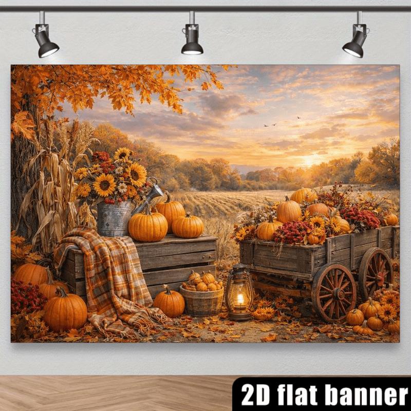 2D flat colorful autumn harvest background fabric, featuring orange pumpkins, hay stacks, and wooden carts