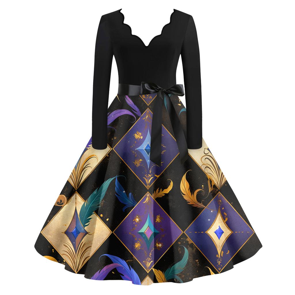 Women's Casual Fashion V Neck Long Sleeve Printed Vintage Long Dress