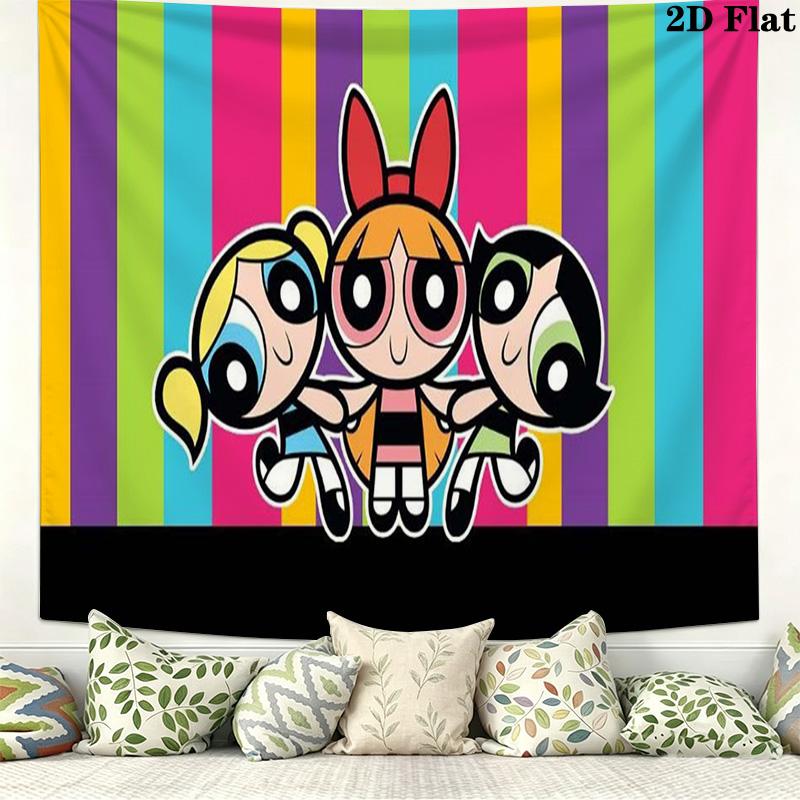 Cartoon Powerpuff Wall Tapestry Aesthetic Wall Hanging Printed Fabric Blanket Decorative Tapestries for Bedroom Living Room Home Decor