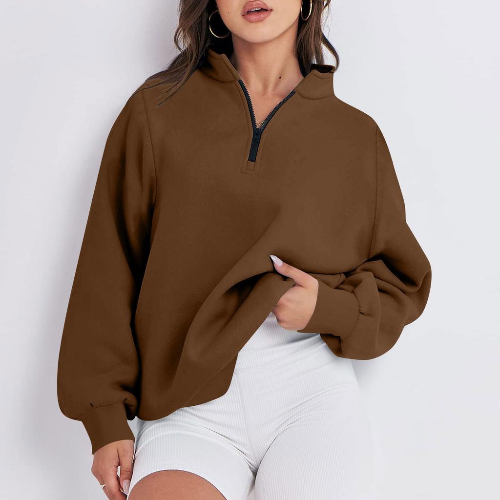 Women's Casual Fashion Long Sleeve Solid Color Zip Sweatshirt Top