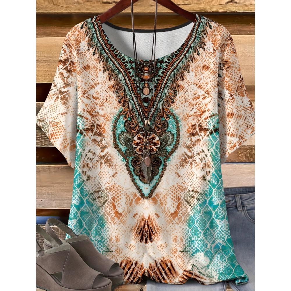 Vintage Paisley Graphics Women's Short Sleeve T-Shirt Ethnic Style O-Neck 3D Printed Top Tees Summer Loose Women's Clothing