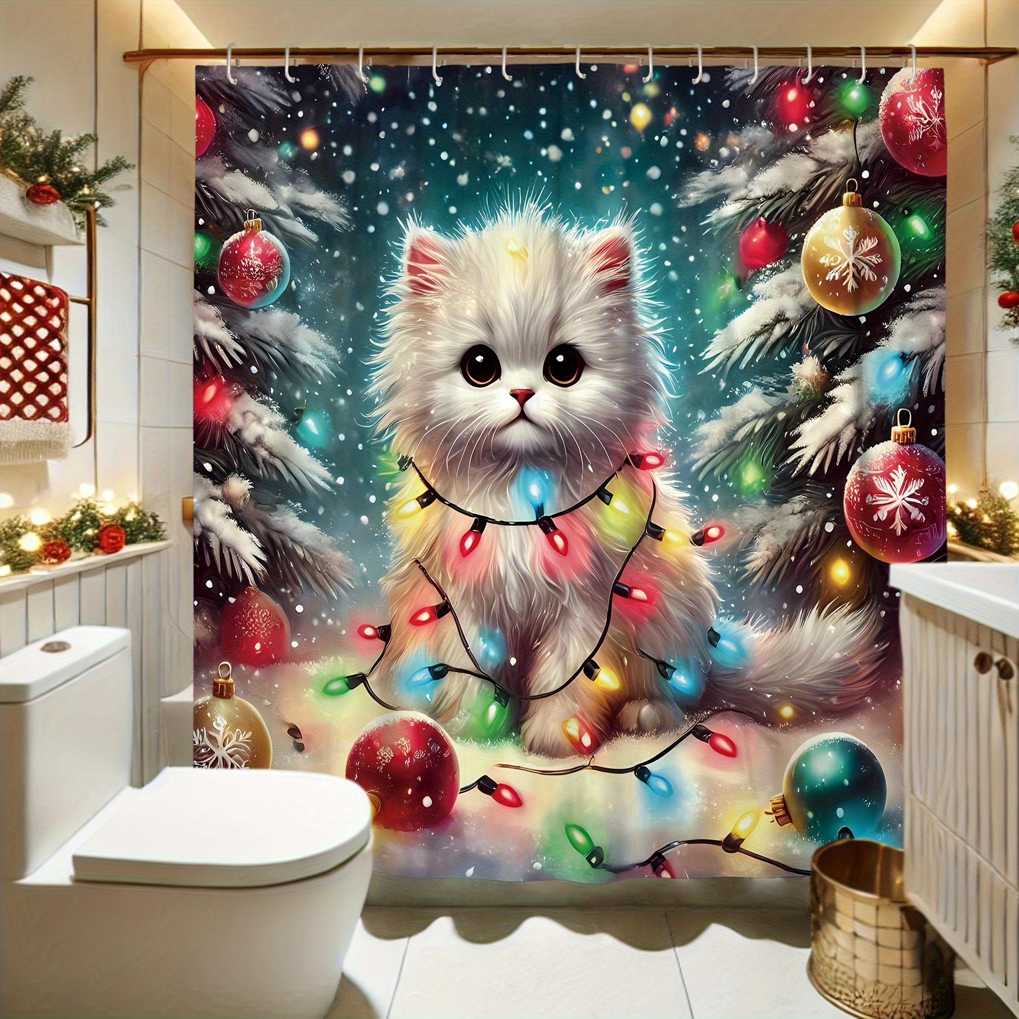 

Cute Cat Christmas Shower Curtain - Fluffy White Kitten With Lights, Tree & Ornaments In Festive Holiday Scene W60H190(CM)-1 Pcs