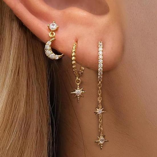 3 paia di orecchini da donna a forma di luna e stella, orecchini a cerchio in rame elettroplaccato, orecchini a bottone con strass, per feste di ballo e appuntamenti