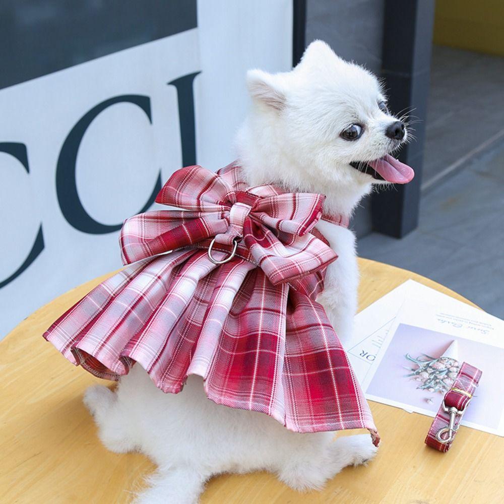 With Leash Traction Dog Plaid JK Dress Comfortable Pet Vest Clothes Pet Harness Skirt  Puppy