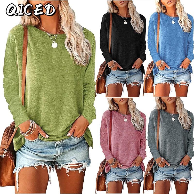 BITCED Women's Fashion Casual Solid Color Print O-Neck Long Sleeve Blouses & Shirts