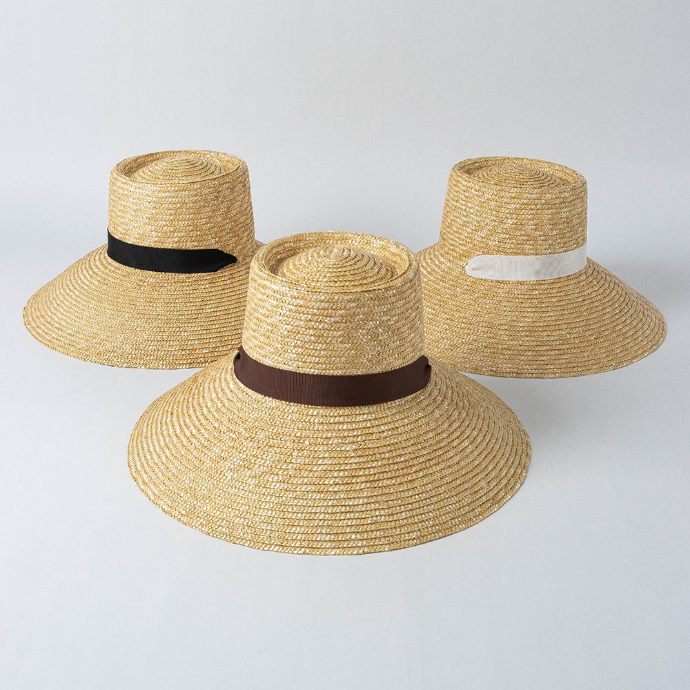European and American spring and summer new fashionable retro ring top big brim basin type straw straw hat with strap outdoor sunscreen