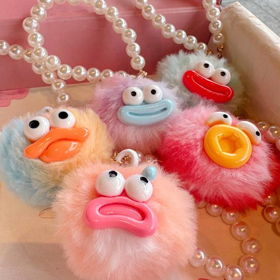 Large Mouth Cartoon Plush Doll Keychain With Faux Pearls Lanyard