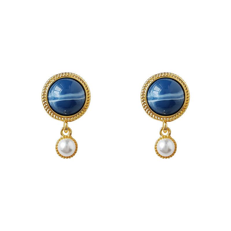 111 Silver Needle French Retro Blue Circle Stud Earrings Female, Hong Kong Style Design Sense Gentle Pearl Earrings Temperament Earrings