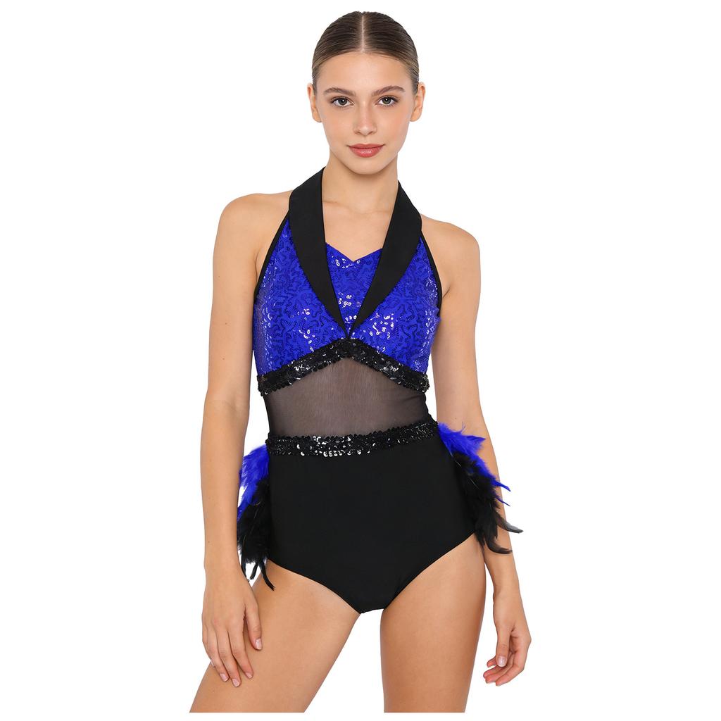 Damen Glitzernder Pailletten Farbblock Body Netz-Taille Feder Saum Ärmelloser Cutout Leotard