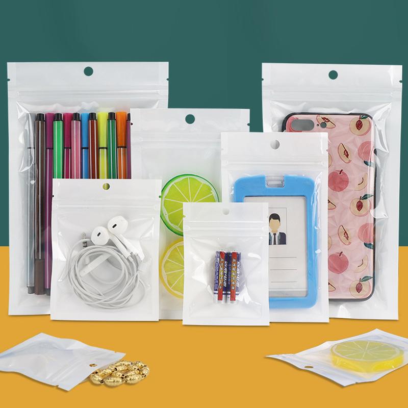 100Pcs White Clear Flat Pouch Cosmetic Packaging Jewelry Resealable Plastic Pearlescent Self-Sealing Data Cables Bag