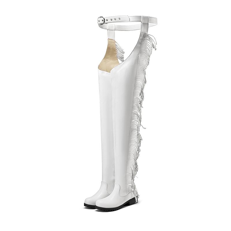 Stivali da donna in pelle PU sopra il ginocchio con tacco medio spesso, punta rotonda, alti fino alla coscia, lunghi e moderni, con cintura in vita elasticizzata