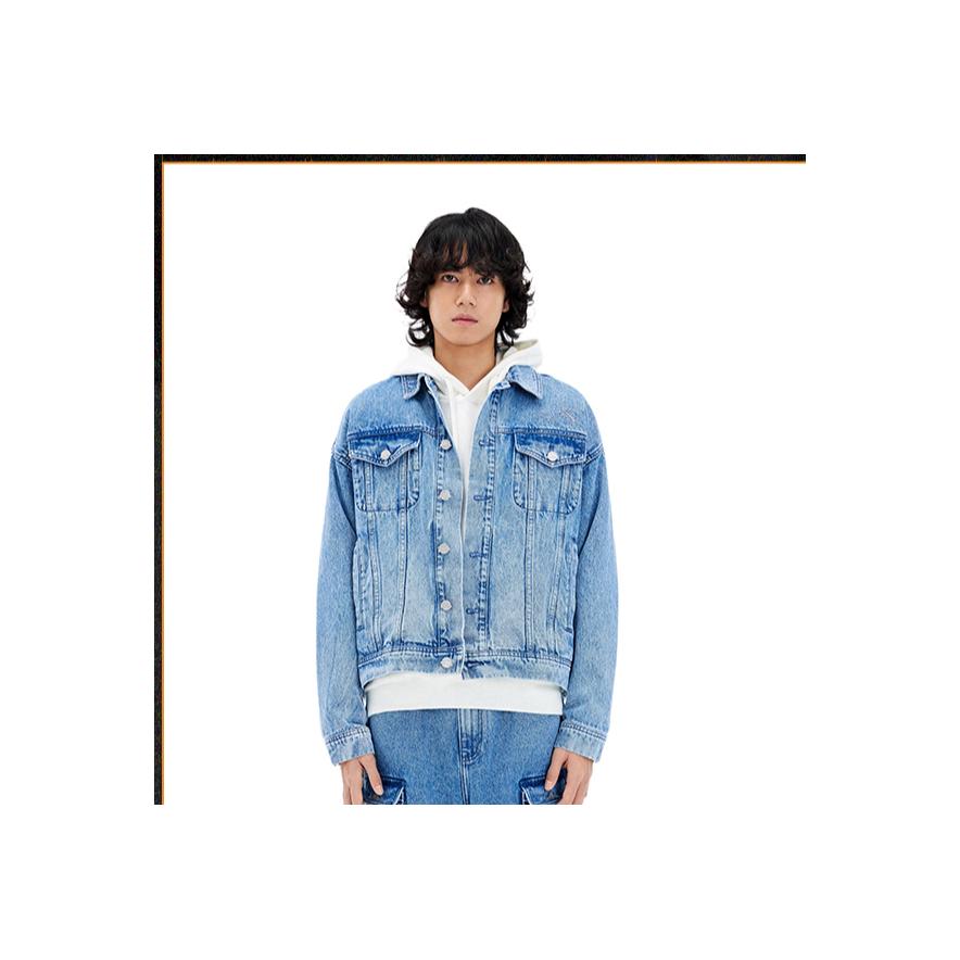 Li Ning Skateboard Series Solid Color Loose Wash Denim Jacket Men Jacket Light-Blue AJDU105-1