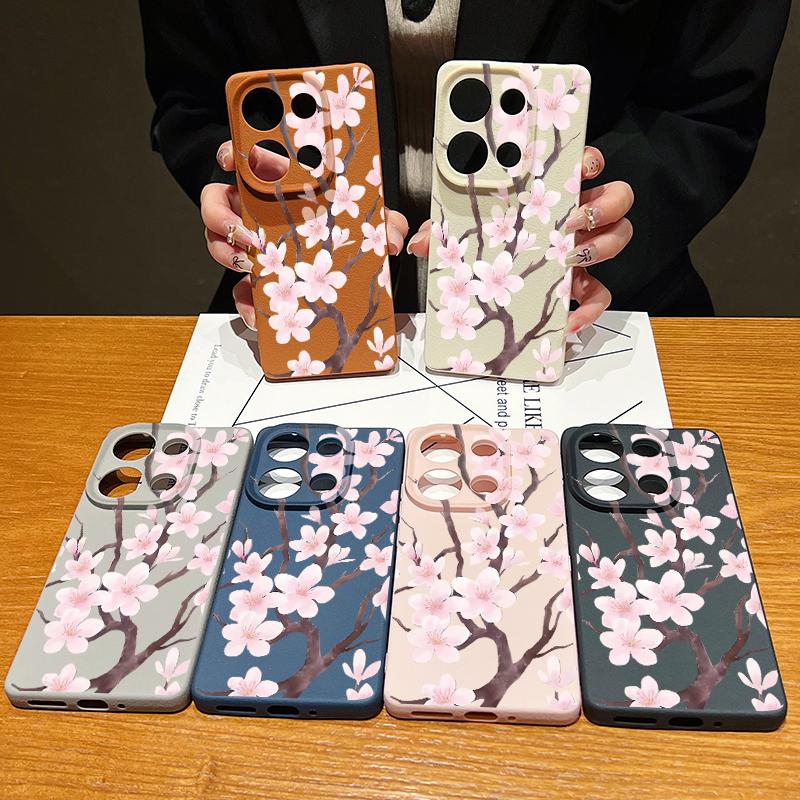 Hand-drawn Style Sakura Pattern Case For Xiaomi 14T 13T 11T Pro Funda Redmi Note 14 13 Pro 5G 12 11 Leather Texture Silicone Cover