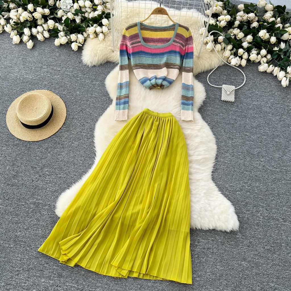 Spring Autumn Women Vintage Rainbow Striped Knitted Sweater Pullover Tops and Long Midi Pleated Skirt Two Piece Set
