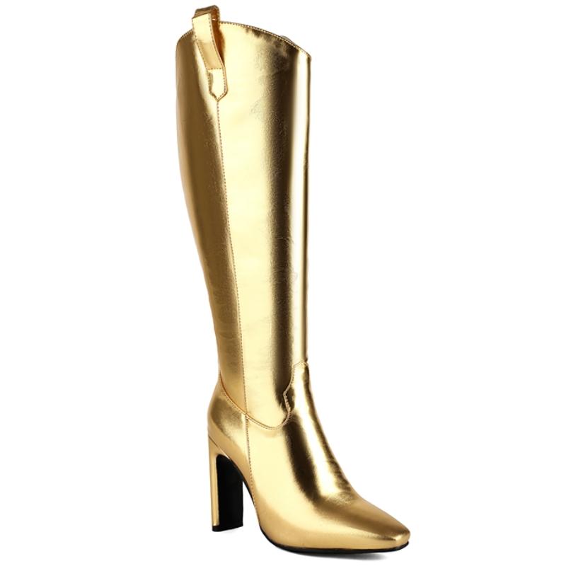 Fashion Women's Knee High Boots Sexy Point Toe Winter Shoes Black White Gold Heeled Long Boot Ladies Party Dance Shoes Large Size 45 48