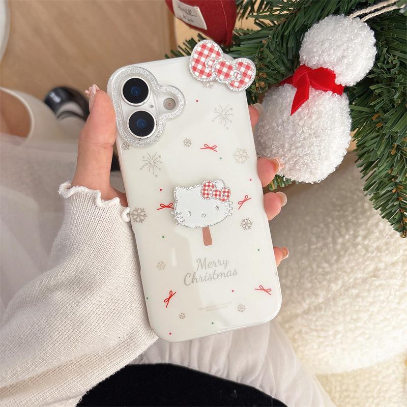 Red Plaid Glitter Snowflake Cat Head iPhone Case for Models: Apple 16 Pro Max, iPhone 15, and 14. iPhone 15 Pro Max