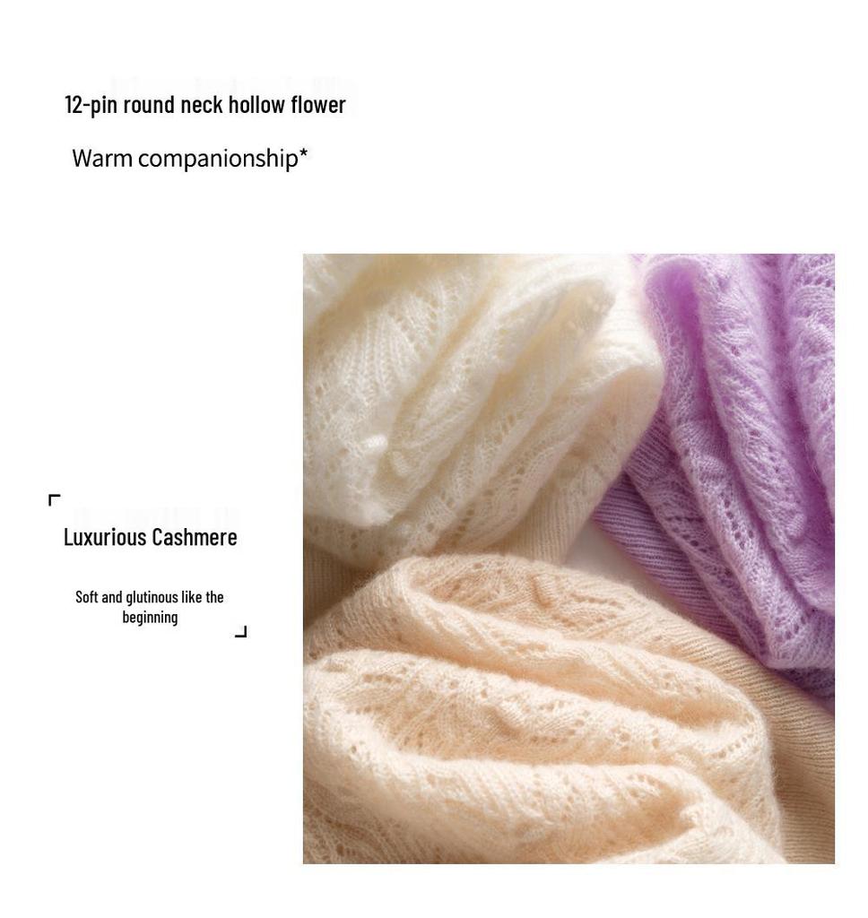 Autumn/Winter Pure Cashmere Floral Knit Sweater: Loose Fit, Rolled Hem, Round Neck, Long Sleeve