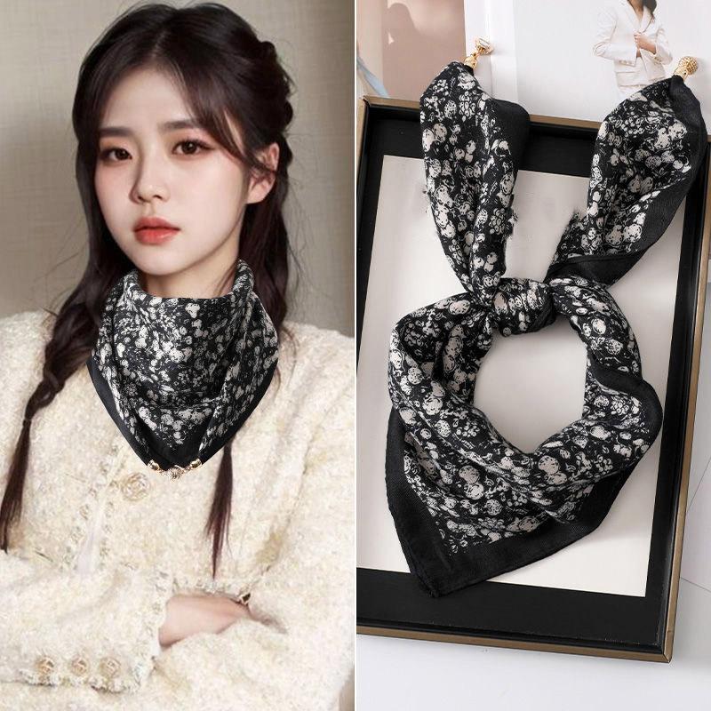 2025 New Fashion Magnetic Button Silk Scarf Women Small Square Scarf Autumn Winter Warm Anti Cold Scarf