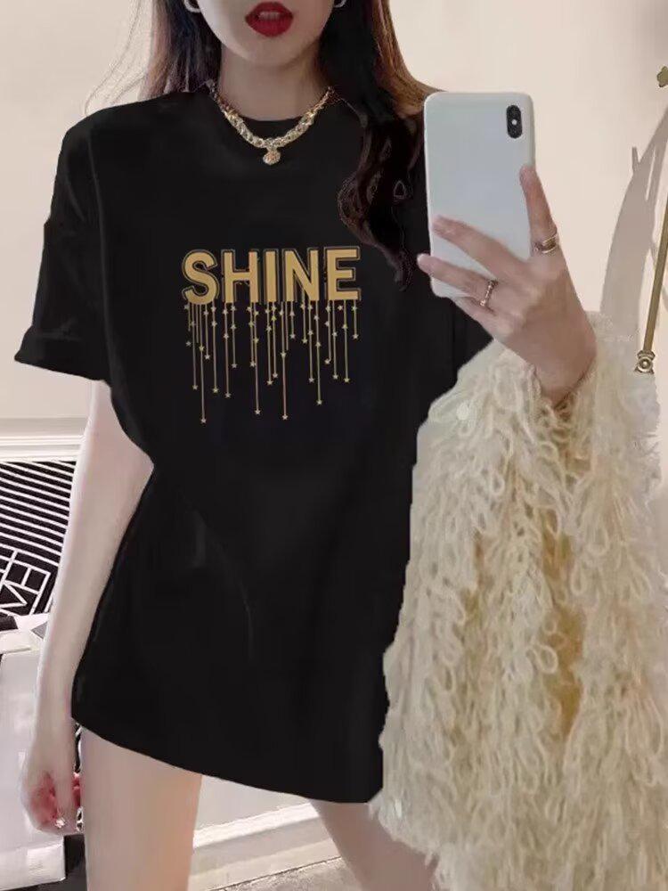 

Women s Plus Size Loose Casual Mid-Length Tee - Round Neck, Letter Print, Short Sleeve, Summer 2025, Japanese & Korean Style Small чёрный