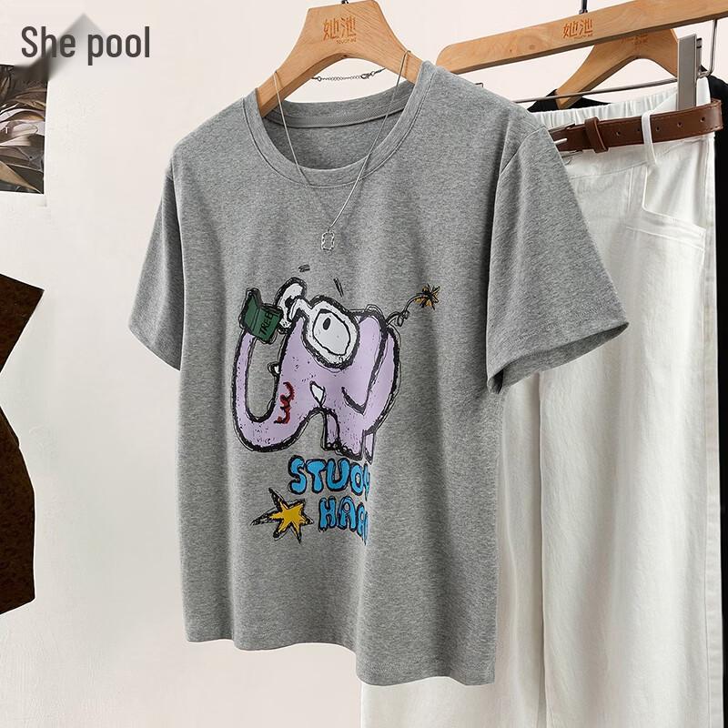 Women s Cartoon Print Short Sleeve T-Shirt M серый