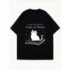 White T-Shirt With Cats And Books Print For Casual Wear