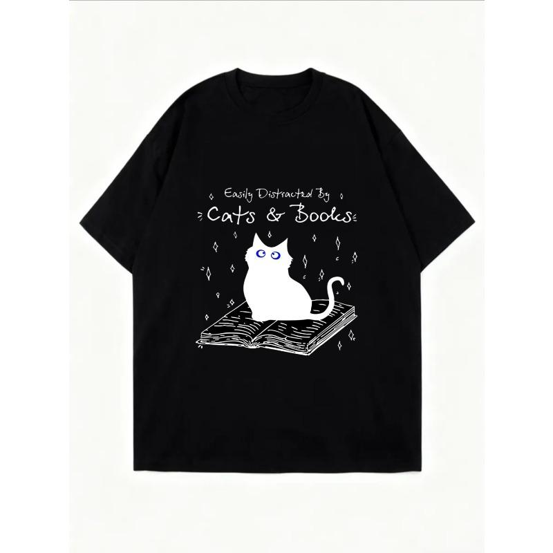 White T-Shirt With Cats And Books Print For Casual Wear