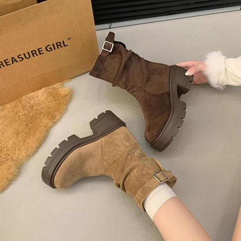 Platform High Heels Women Chelsea Ankle Boots Suede Shoes Winter 2025 Brand New Casual Chunky Shoes Retro Pumps Snow Botas Mujer