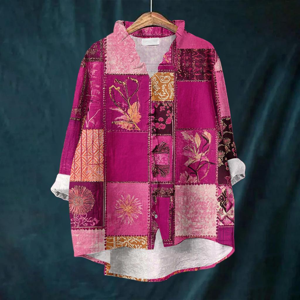 Women's Loose Ruffled Floral Print Stand Collar Long Sleeve Cotton And Linen Top