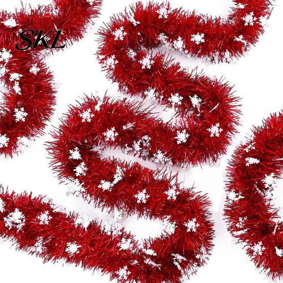 Snowy Winter Tree Ornaments 78 Inch Red Christmas Tinsel Garland, Holiday Shiny Metallic Foil Twist Garland Flexible Hanging for Party with Snowflake