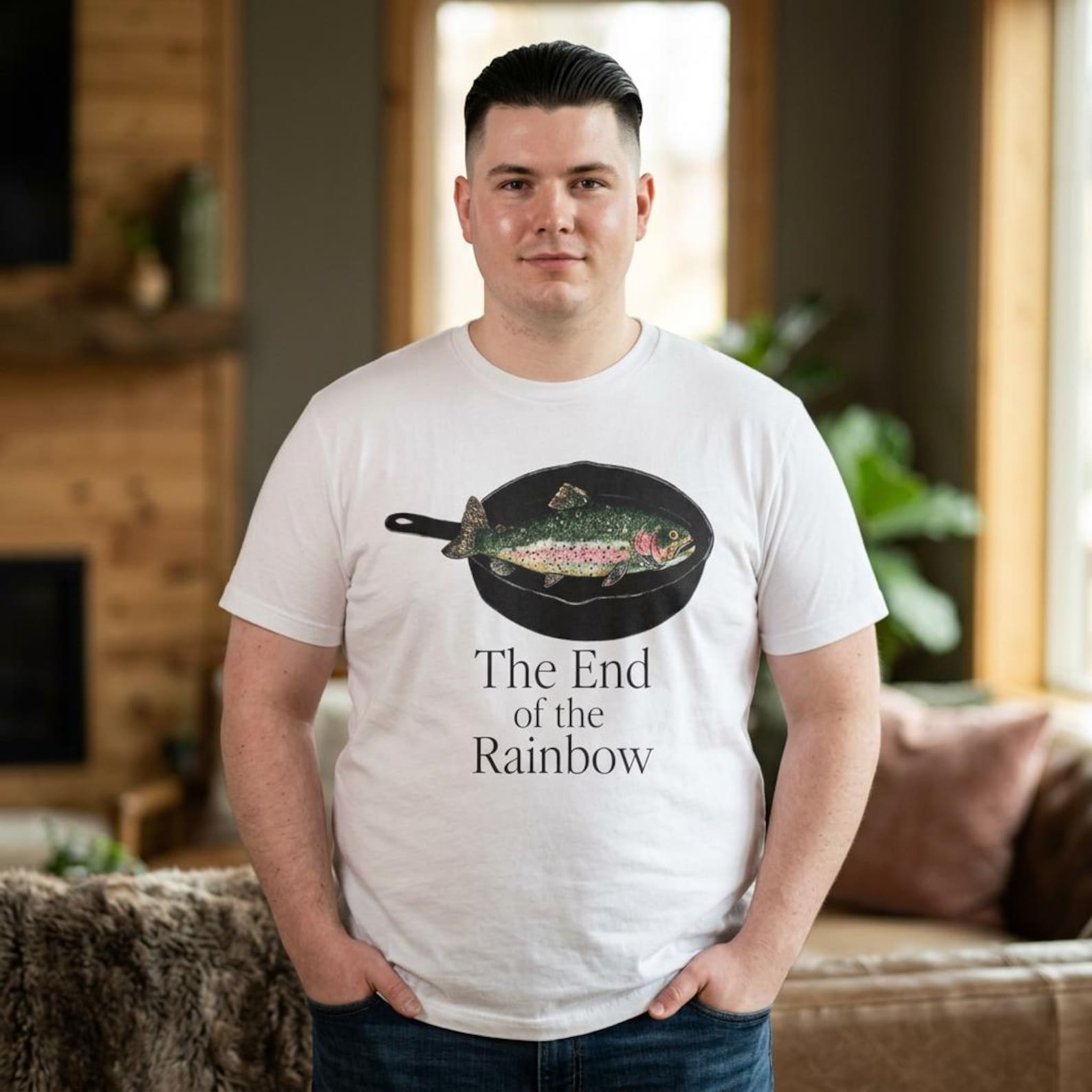 The End of The Rainbow T-Shirt; Funny Trout Fishing Graphic Tee; Rainbow Trout Fisherman Art Outdoor Adventure Top 3XL