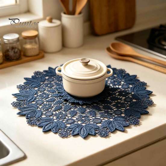 Tappetini Protettivi per Tavolo, Centrotavola Rotondo in Pizzo, Sottopiatto Floreale Blu Scuro, Tappetino in Tessuto Ricamato per Tavola, Resistente al Calore per Decorazione della Casa