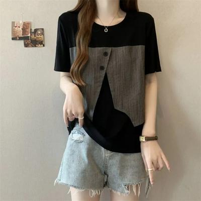 Irregular Splicing Short-sleeved T-shirt for Women, Summer Loose Design Western Style Top