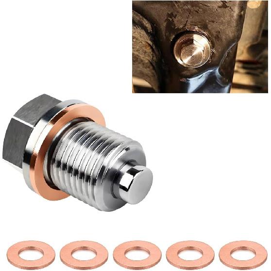 M14×1.5 Magnetic Oil Drain Plug, Aluminum Stainless Steel Sump Drain Nut Bolt with 5 Copper Crush Washer, Universal Leak-proof Replacement Car