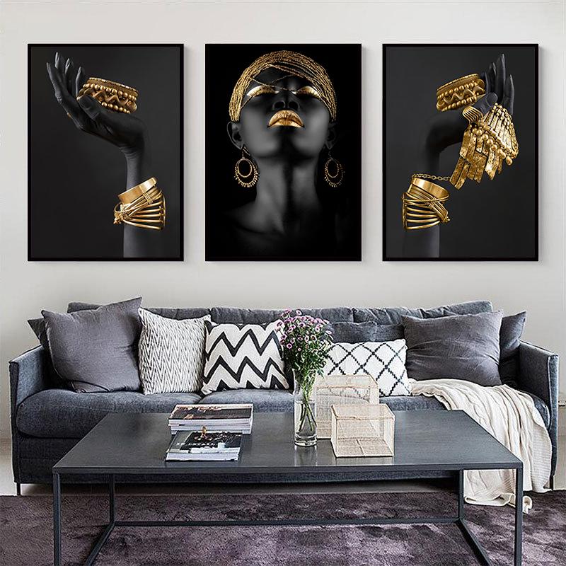 Afrikanische Frau Leinwand Wand Kunst Malerei Poster und Drucke schwarze Frau hält Gold Schmuck Bild für Wohnzimmer Home Decor